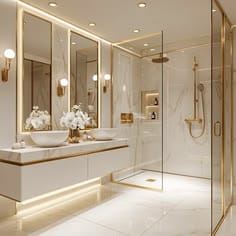 Luxury spa-inspired villa bathroom with glass shower and modern lighting