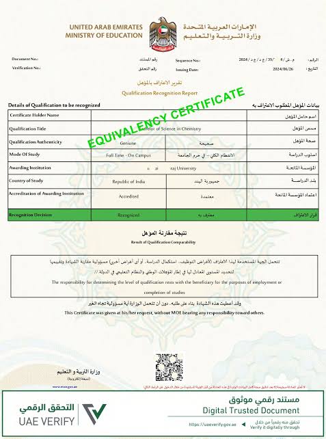 Equivalency certificate document