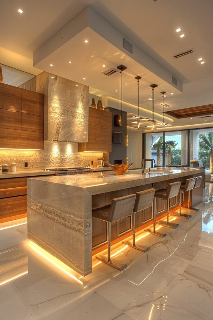 Luxury modern villa kitchen design with island and warm lighting