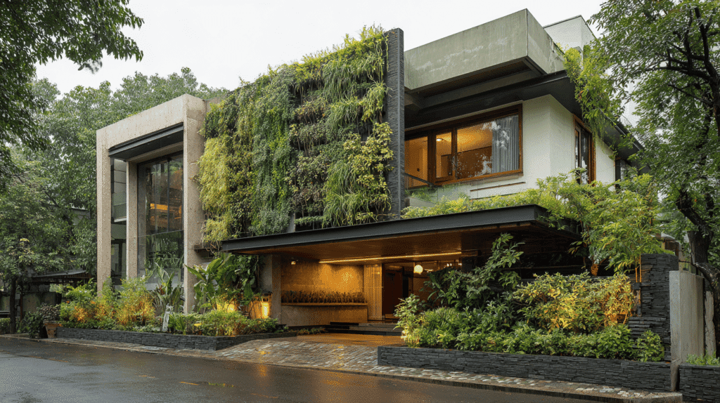Sustainable eco-friendly villa design with green walls and landscaping
